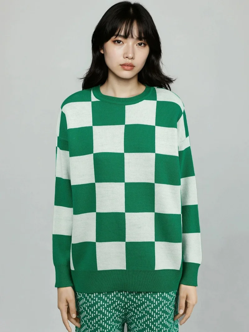 My Fashion Green MY FASHION Plaid Ribbed Knit Sweater with Comfort Fit for Women | Best Price UAE