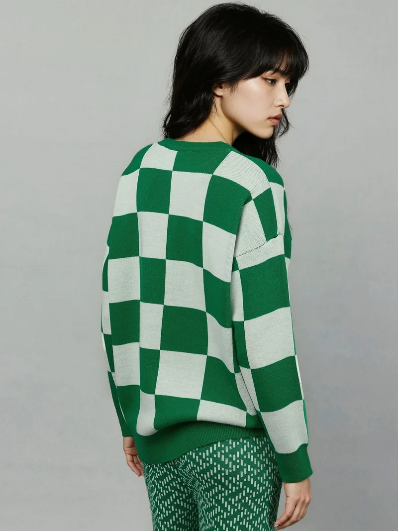 My Fashion Green MY FASHION Plaid Ribbed Knit Sweater with Comfort Fit for Women | Best Price UAE
