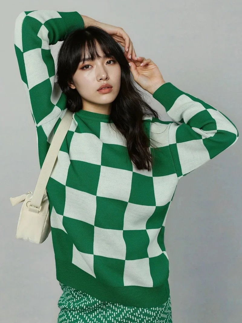 MY FASHION Plaid Ribbed Knit Sweater with Comfort Fit