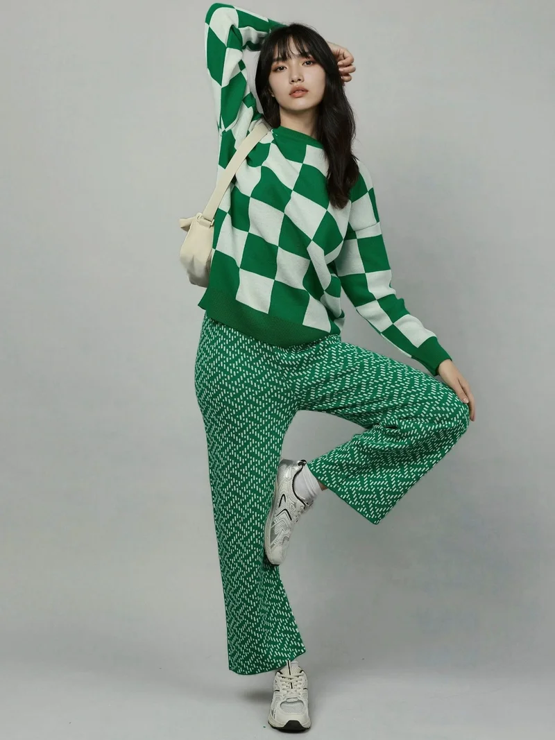 My Fashion Green MY FASHION Plaid Ribbed Knit Sweater with Comfort Fit for Women | Best Price UAE