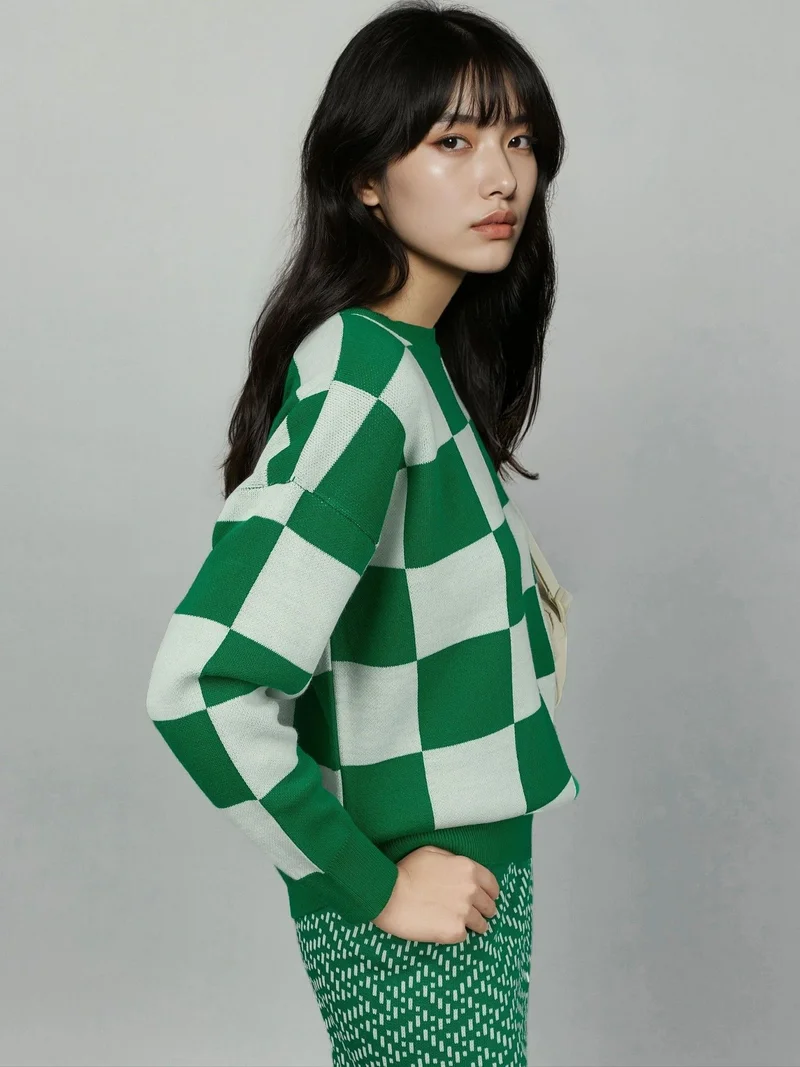 My Fashion Green MY FASHION Plaid Ribbed Knit Sweater with Comfort Fit for Women | Best Price UAE
