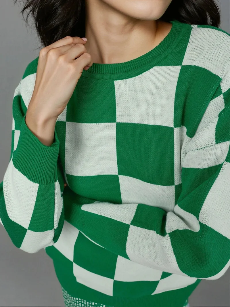 My Fashion Green MY FASHION Plaid Ribbed Knit Sweater with Comfort Fit for Women | Best Price UAE
