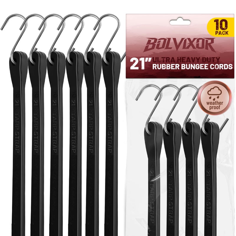 Bolvixor Bungee Cords with Hooks (10 Pack) â€“ 21" Heavy Duty EPDM Rubber Tarp Straps, Max Stretch 2X, Load 180+ LBS, Crimped S Hooks for Cargo, Trucks, Camping, Outdoor Use - Image 1