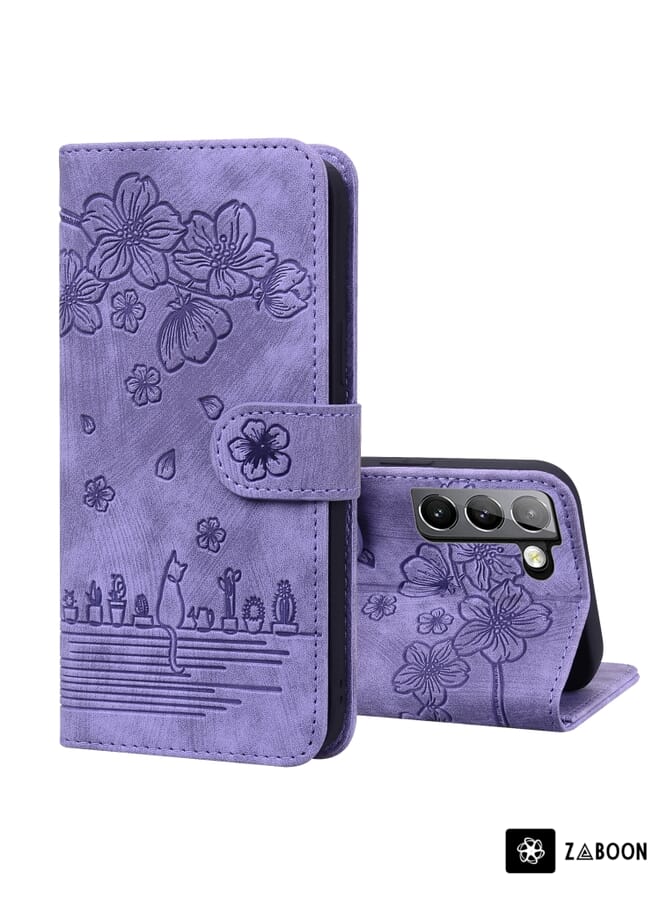 Zaboon Protective Case Cover For Samsung Galaxy S22+ 5G Cartoon Sakura Cat Embossed Leather - Image 1