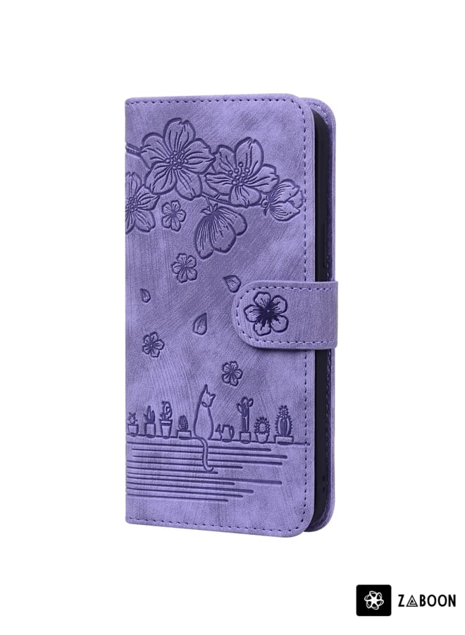 Zaboon Protective Case Cover For Samsung Galaxy S22+ 5G Cartoon Sakura Cat Embossed Leather - Image 2