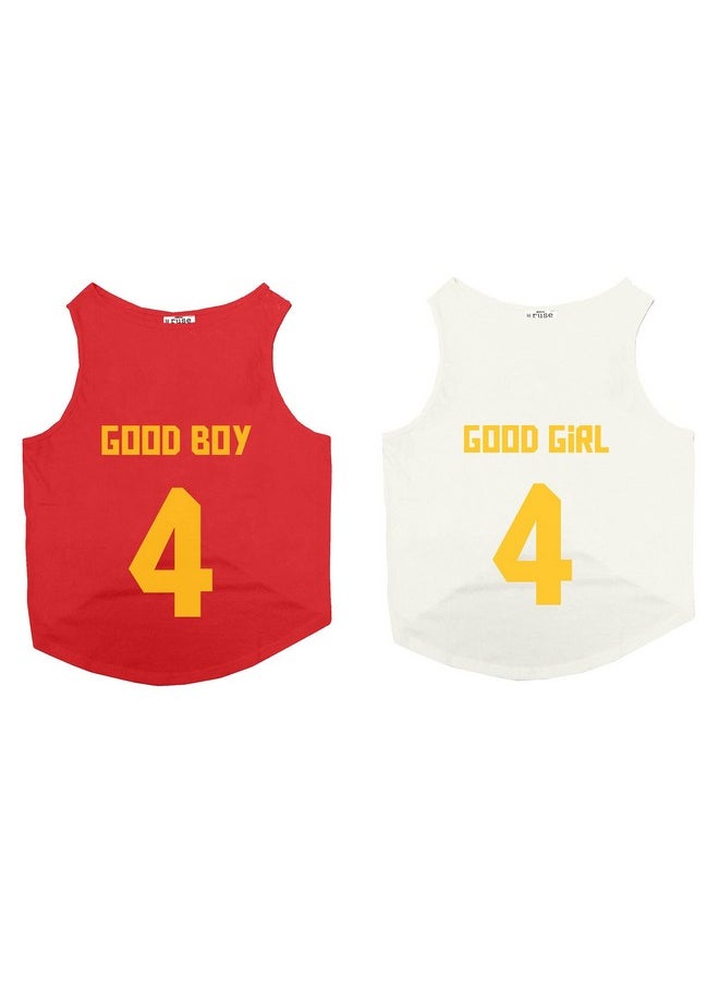 rusepin - Set Of 2 Good Boy & Good Girl Jersey No.4 Printed Round Neck Sleeveless Dog Vest Tank T-Shirt/Tees Apparel/Clothes/Tees Combo Gift For Dogs(Red/White) Medium (Chubby Pugs, Beagle Etc.) - Image 1