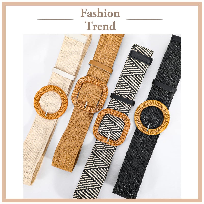 VONMELLI 4 Pack Straw Woven Elastic Stretch Waist Belt for Women Fashion Dress, Boho Braided Women's Belts, Brown Stripe Beige Black M - Image 2