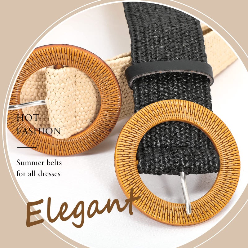 VONMELLI 4 Pack Straw Woven Elastic Stretch Waist Belt for Women Fashion Dress, Boho Braided Women's Belts, Brown Stripe Beige Black M - Image 3