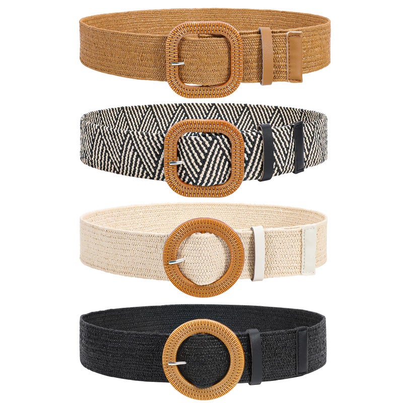 VONMELLI 4 Pack Straw Woven Elastic Stretch Waist Belt for Women Fashion Dress, Boho Braided Women's Belts, Brown Stripe Beige Black M - Image 1