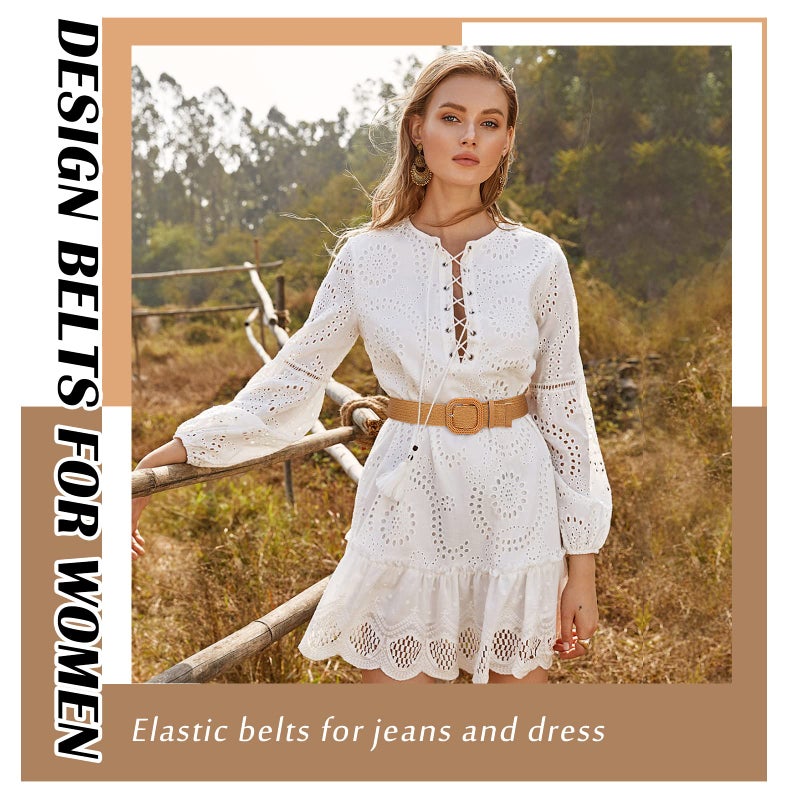 VONMELLI 4 Pack Straw Woven Elastic Stretch Waist Belt for Women Fashion Dress, Boho Braided Women's Belts, Brown Stripe Beige Black M - Image 4