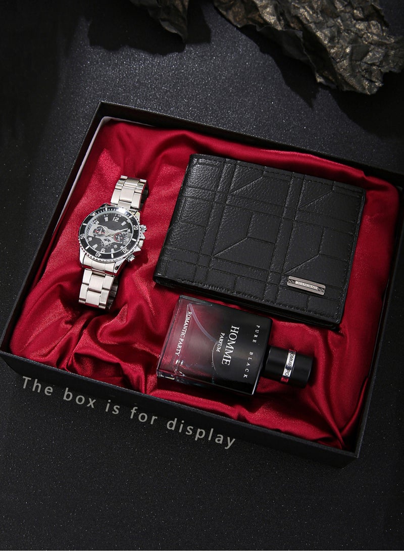 3 قطع مجموعة ساعات رجالية، ساعة كوارتز من الفولاذ المقاوم للصدأ + محفظة جلد PU + مجموعة عطور - الهدية المثالية له في أعياد الميلاد والمناسبات - Image 1