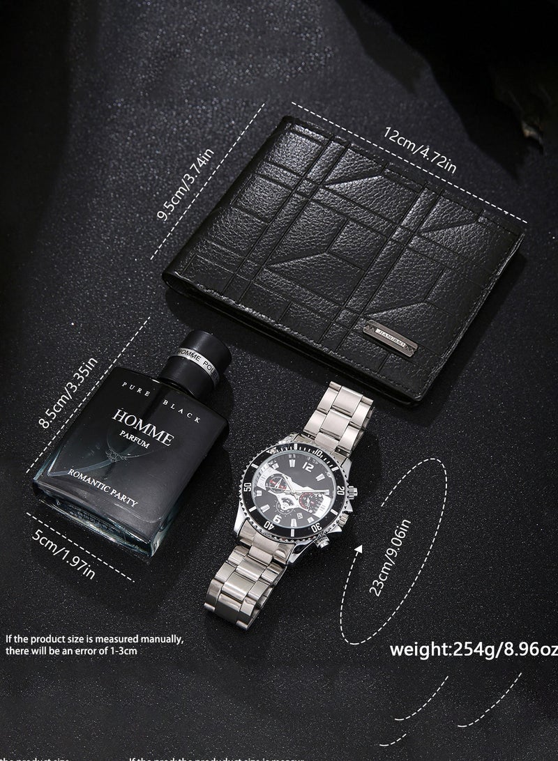 3 قطع مجموعة ساعات رجالية، ساعة كوارتز من الفولاذ المقاوم للصدأ + محفظة جلد PU + مجموعة عطور - الهدية المثالية له في أعياد الميلاد والمناسبات - Image 2