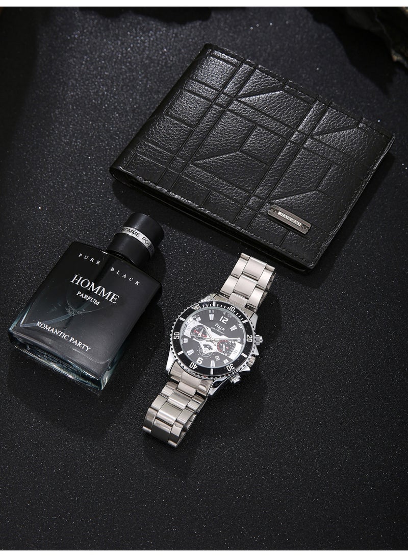 مجموعة رجالية ثلاثية لون فضي فضي-أسود فاخرة ومرموقة، ساعة كوارتز بحزام فولاذي، محفظة جلد PU مخططة هندسية وعطر رجالي، للارتداء اليومي التجاري، الهدية المثالية للأب والأخ والشريك في المناسبات - Image 3