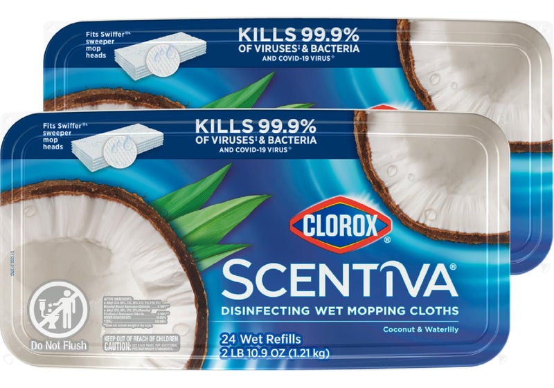Clorox Scentiva Disinfecting Wet Mop Pad, Disposable Mop Heads, Coconut and Waterlily, 2 Packs, 24 Wet Refills Per Pack (Package May Vary) - Image 1