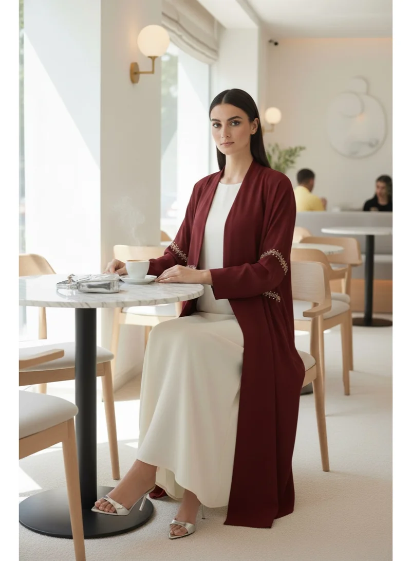 Moistreet  Burgundy Hand-Beaded Abaya in Premium Korean Nida With Headscarf for Women | Best Price UAE