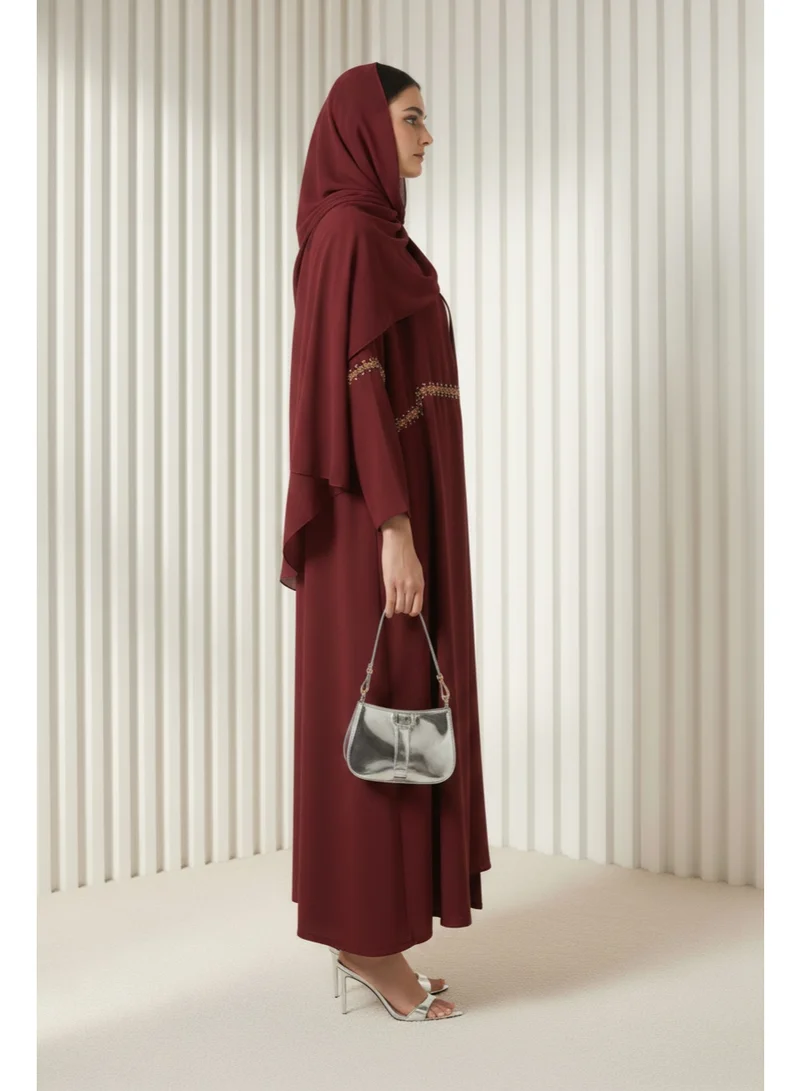 Moistreet  Burgundy Hand-Beaded Abaya in Premium Korean Nida With Headscarf for Women | Best Price UAE