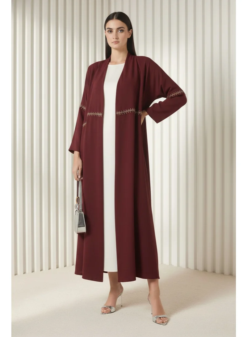 مويستريت Burgundy Hand-Beaded Abaya in Premium Korean Nida With Headscarf