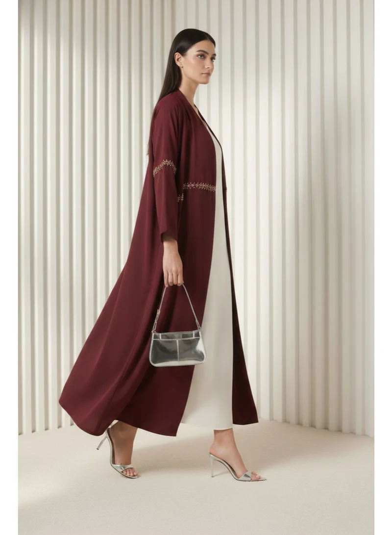 مويستريت Burgundy Hand-Beaded Abaya in Premium Korean Nida With Headscarf