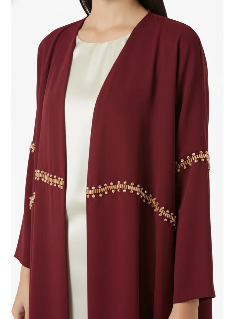 Moistreet  Burgundy Hand-Beaded Abaya in Premium Korean Nida With Headscarf for Women | Best Price UAE
