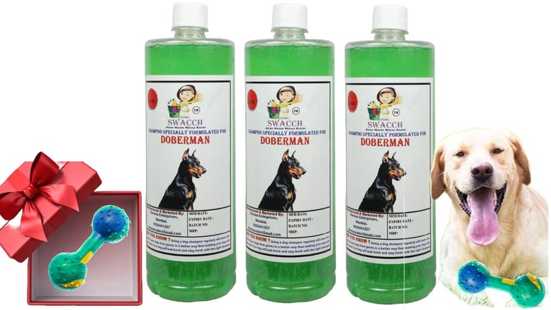 swacch Doberman Dog Shampoo + Dumbbell Toy I Durable Rubber Dog Toy for Chewing I Playing,Teeth Cleaning & Training Toy I Combo Pack I 1 Litre Pack of 3 Neem Alovera - Image 1