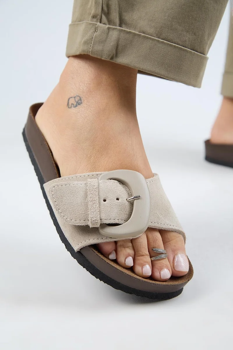 Manijero Manijero (Alandra 2) Women's Genuine Leather Single Buckle Beige Slippers