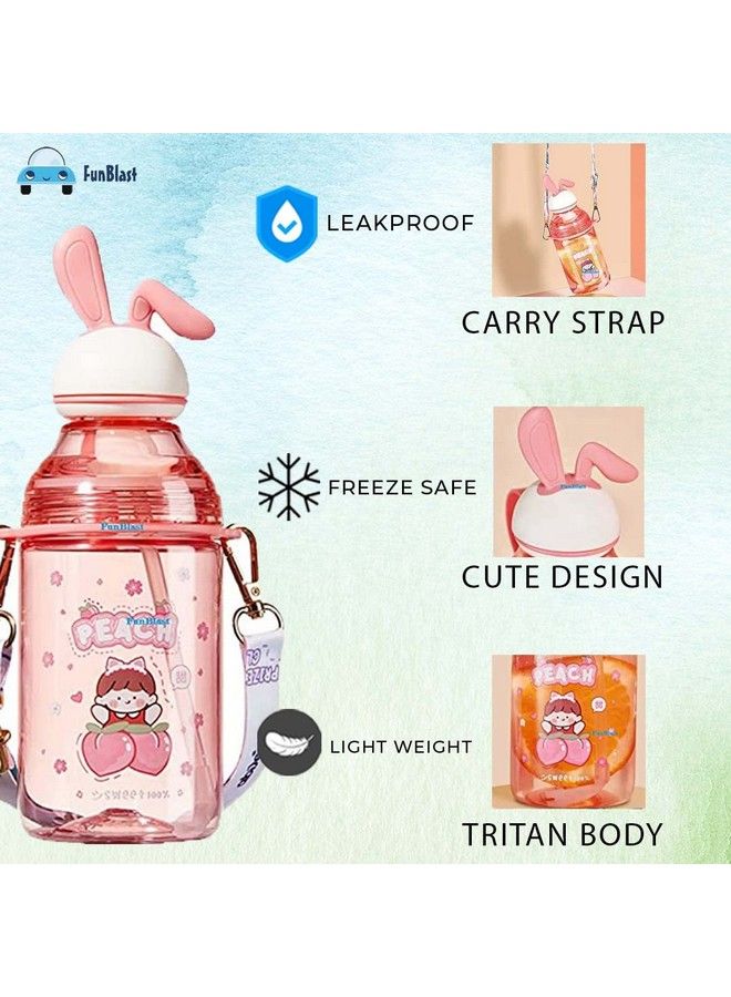 FunBlast Tritan Water Bottle With Straw And Adjustable Strap For Kids School Sipper Water Bottle For Kids Cartoon Themed Cute Water Bottle For Boys And Girls (400 Ml) (Pink) - Image 5