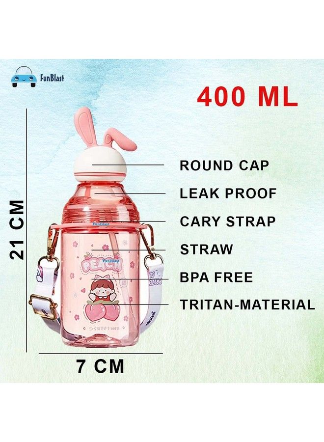 FunBlast Tritan Water Bottle With Straw And Adjustable Strap For Kids School Sipper Water Bottle For Kids Cartoon Themed Cute Water Bottle For Boys And Girls (400 Ml) (Pink) - Image 4
