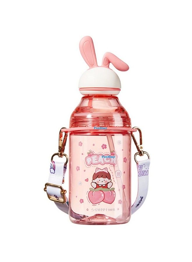 FunBlast Tritan Water Bottle With Straw And Adjustable Strap For Kids School Sipper Water Bottle For Kids Cartoon Themed Cute Water Bottle For Boys And Girls (400 Ml) (Pink) - Image 1