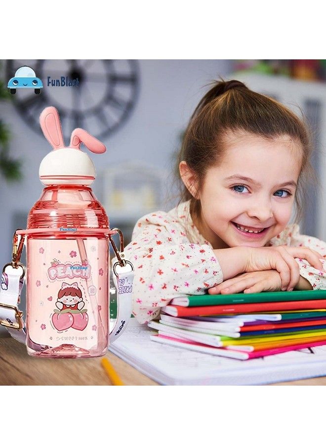 FunBlast Tritan Water Bottle With Straw And Adjustable Strap For Kids School Sipper Water Bottle For Kids Cartoon Themed Cute Water Bottle For Boys And Girls (400 Ml) (Pink) - Image 3