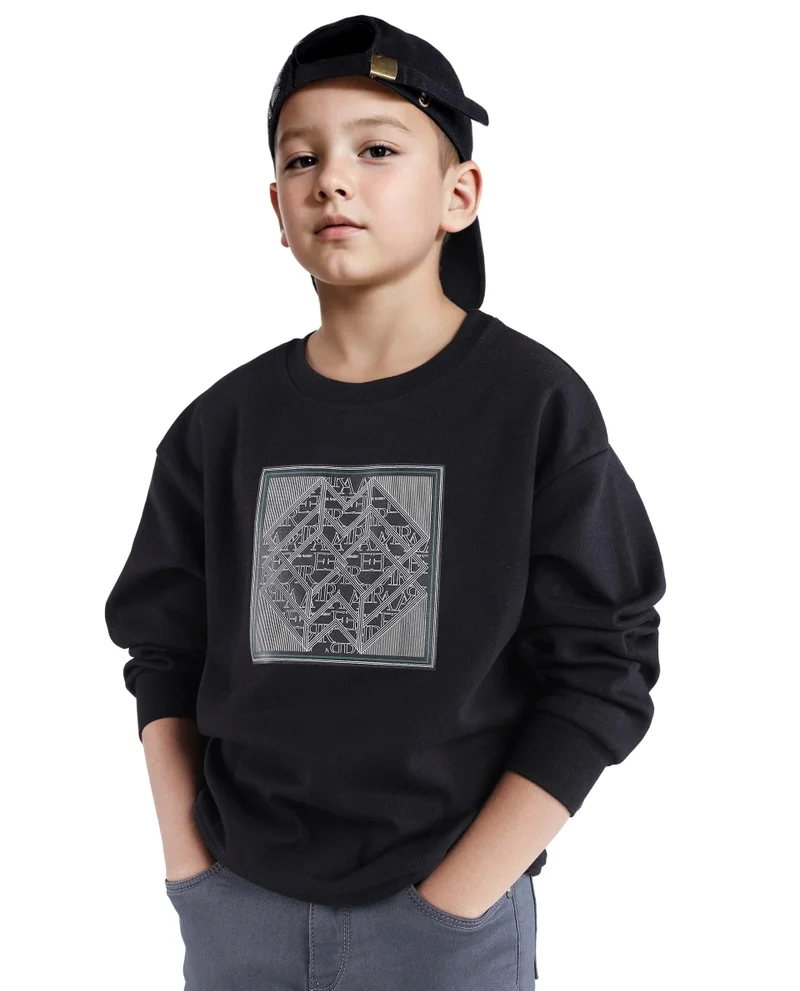 رير ونز Rare Ones Kids Crocen Black Cotton Full Sleeve Crew Neck HD Print Monogram Sweatshirt