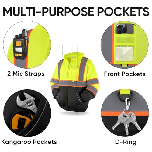 TICONN High Visibility Safety Sweatshirt Hoodie, Reflective Hi-Vis ANSI Class 3 Fleece Zippered Hooded Jacket with Black Bottom for men and women (Yellow&Black, XL) - Image 4