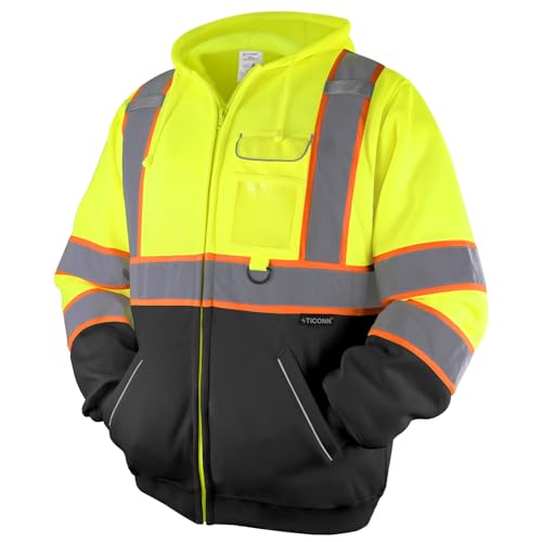 TICONN High Visibility Safety Sweatshirt Hoodie, Reflective Hi-Vis ANSI Class 3 Fleece Zippered Hooded Jacket with Black Bottom for men and women (Yellow&Black, XL) - Image 1