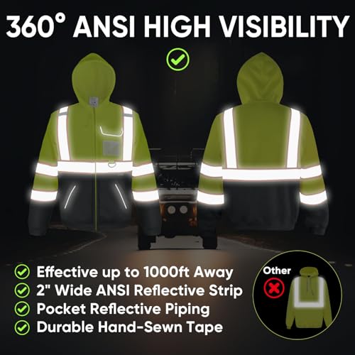 TICONN High Visibility Safety Sweatshirt Hoodie, Reflective Hi-Vis ANSI Class 3 Fleece Zippered Hooded Jacket with Black Bottom for men and women (Yellow&Black, XL) - Image 2