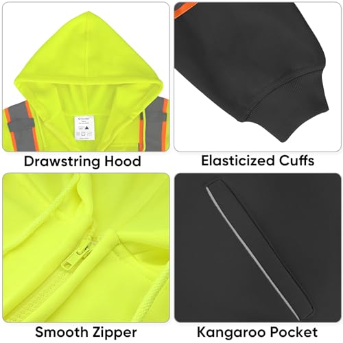 TICONN High Visibility Safety Sweatshirt Hoodie, Reflective Hi-Vis ANSI Class 3 Fleece Zippered Hooded Jacket with Black Bottom for men and women (Yellow&Black, XL) - Image 3