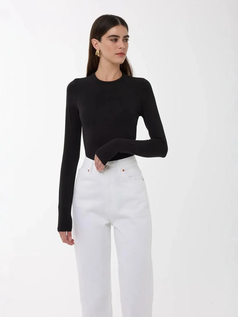 Hiccup Black Slim Fit Crew Neck Long Sleeve Top for Women | Best Price UAE
