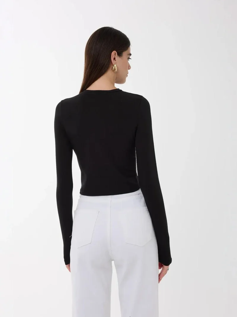 Hiccup Black Slim Fit Crew Neck Long Sleeve Top for Women | Best Price UAE