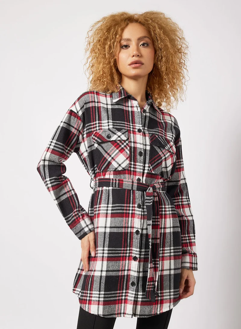 Pimkie Plaid Print Belted Shirt