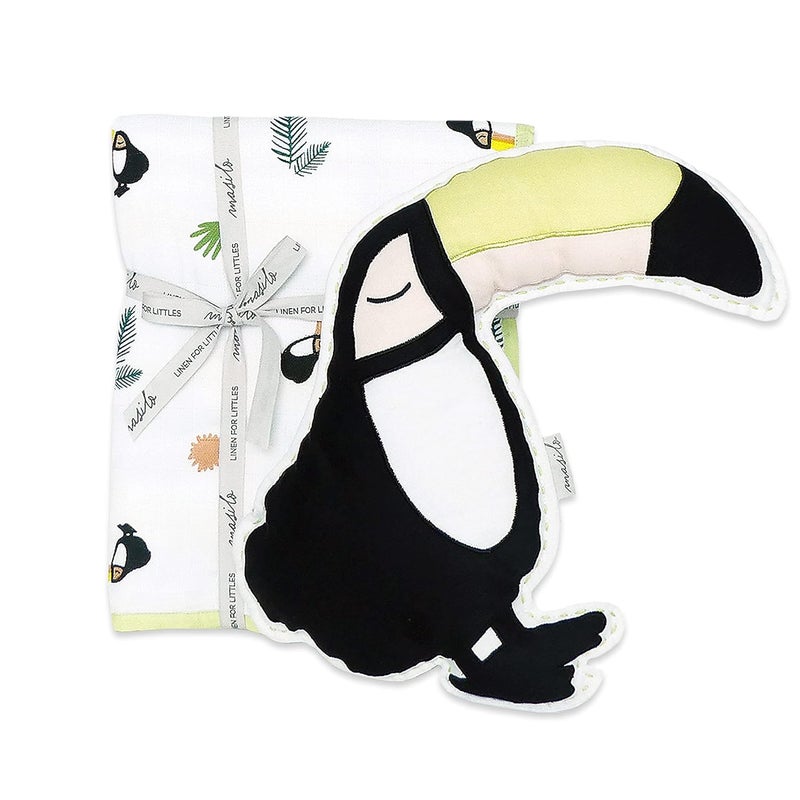 Masilo 100% Organic Cotton Muslin Baby Blanket with Toy for Newborn/Infant-Snuggle Blanket for babies-1xSnuggle Blanket (42 x 42),1xToy - Toucan - Image 1