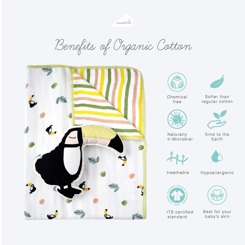 Masilo 100% Organic Cotton Muslin Baby Blanket with Toy for Newborn/Infant-Snuggle Blanket for babies-1xSnuggle Blanket (42 x 42),1xToy - Toucan - Image 3