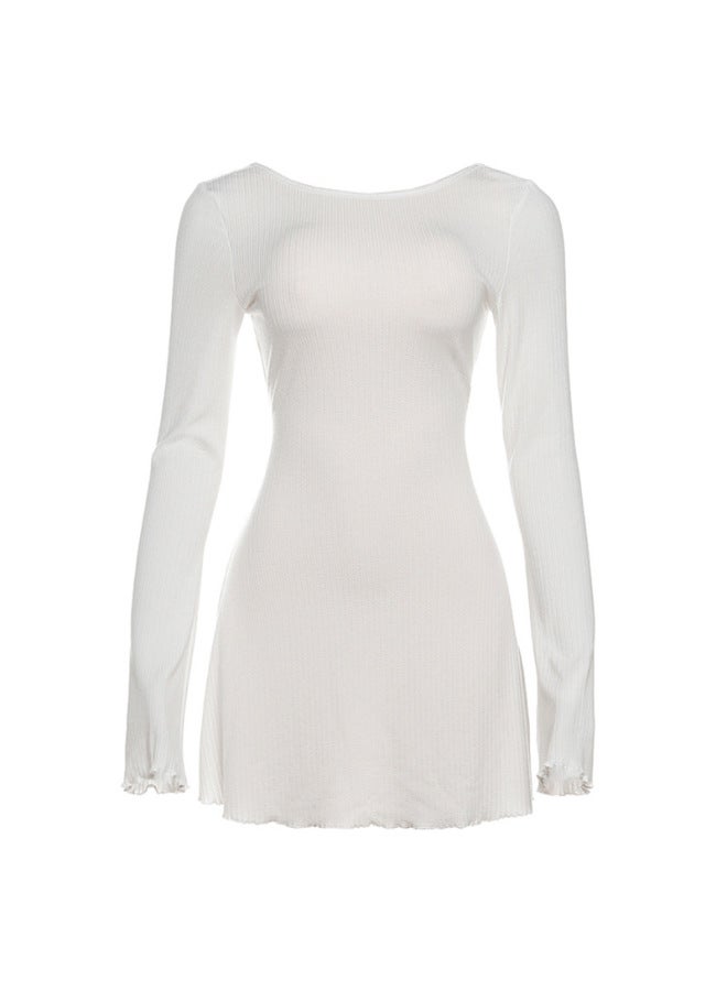 الفساتين الطويلة الضيقة بالظهر المكشوف بأكمام طويلة للخريف باللون الأبيض