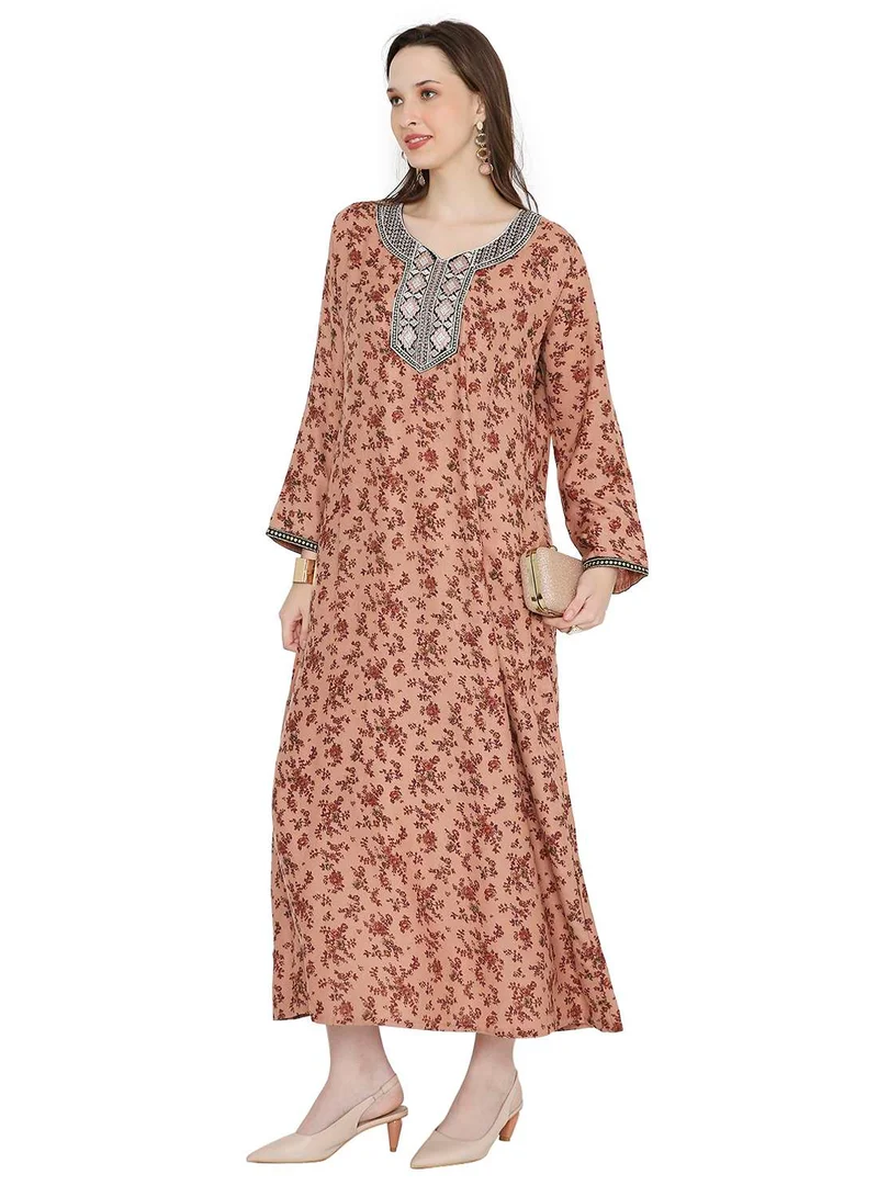 HANA & SARA ELEGANT FLORAL PRINTED WITH UNIQUE THREAD EMBROIDERY AND STONE WORK FARASHA JALABIYA KAFTAN