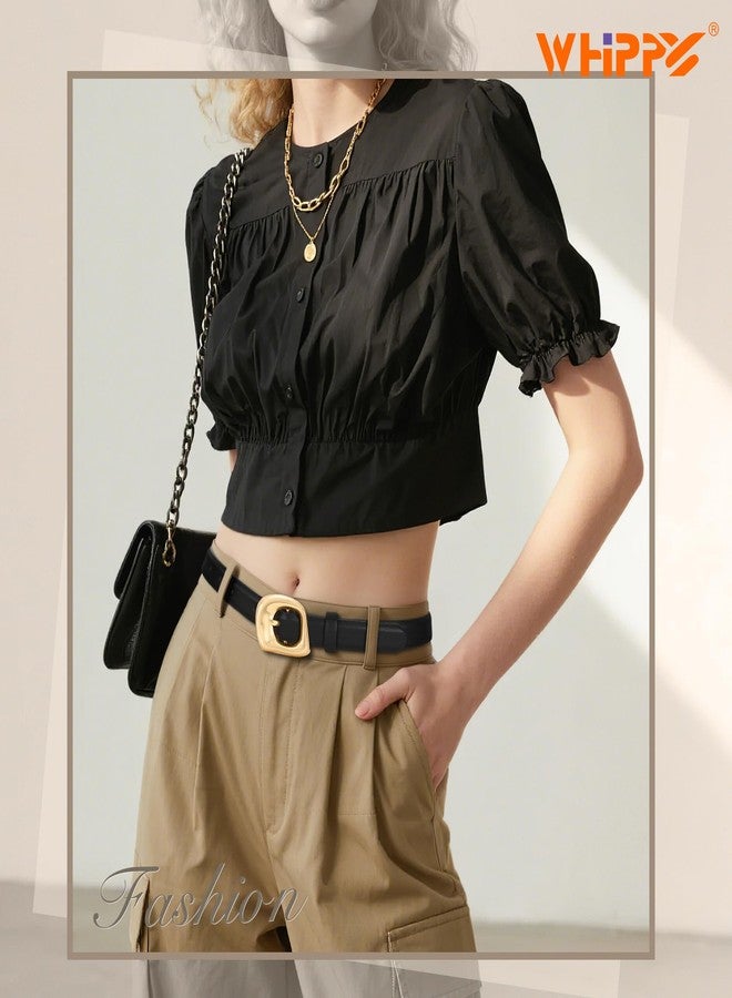 WHIPPY Skinny Women Leather Belt Ladies Thin Waist Belts for Dresses Jeans Pants Bright Gold Buckle Black, S - Image 5