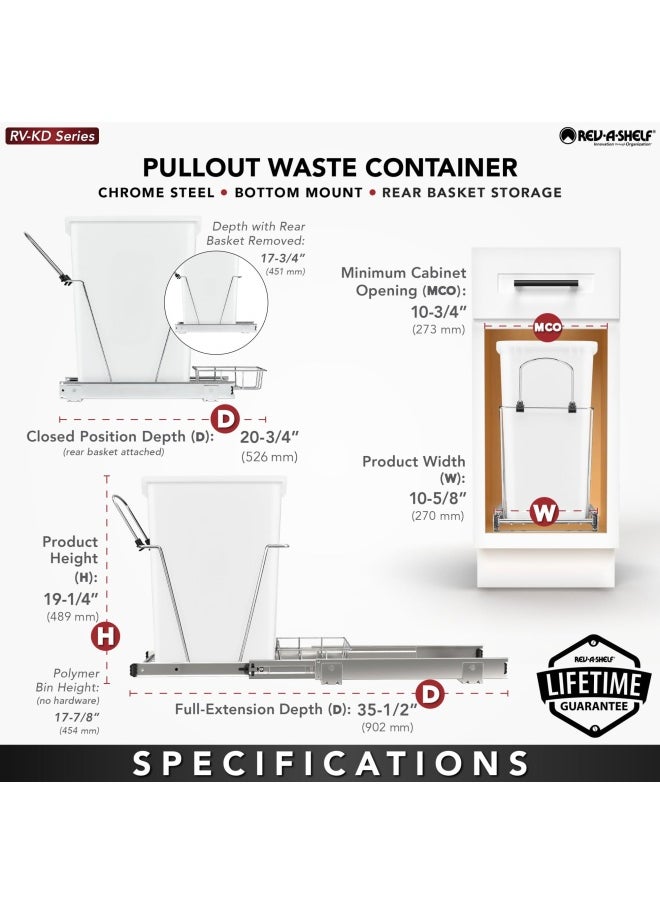 RevAShelf Pullout Trash Can for Kitchen Cabinets 35 Qt Garbage Waste Recycling Bin with Full Extension Slides Black RV12KD18C S
