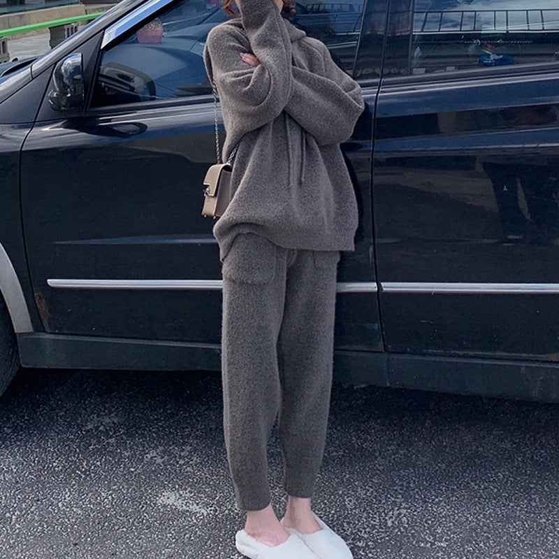 Chic Loose Hoodie  Carrot Pants Knit Set Autumn Winter Mocha - Image 1