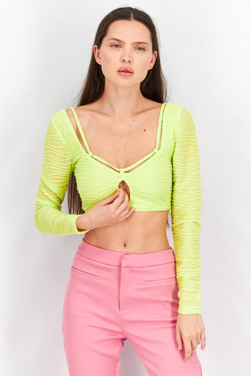 NA-KD Women Sweetheart Neckline Long Sleeve Textured Top, Lime - Image 1