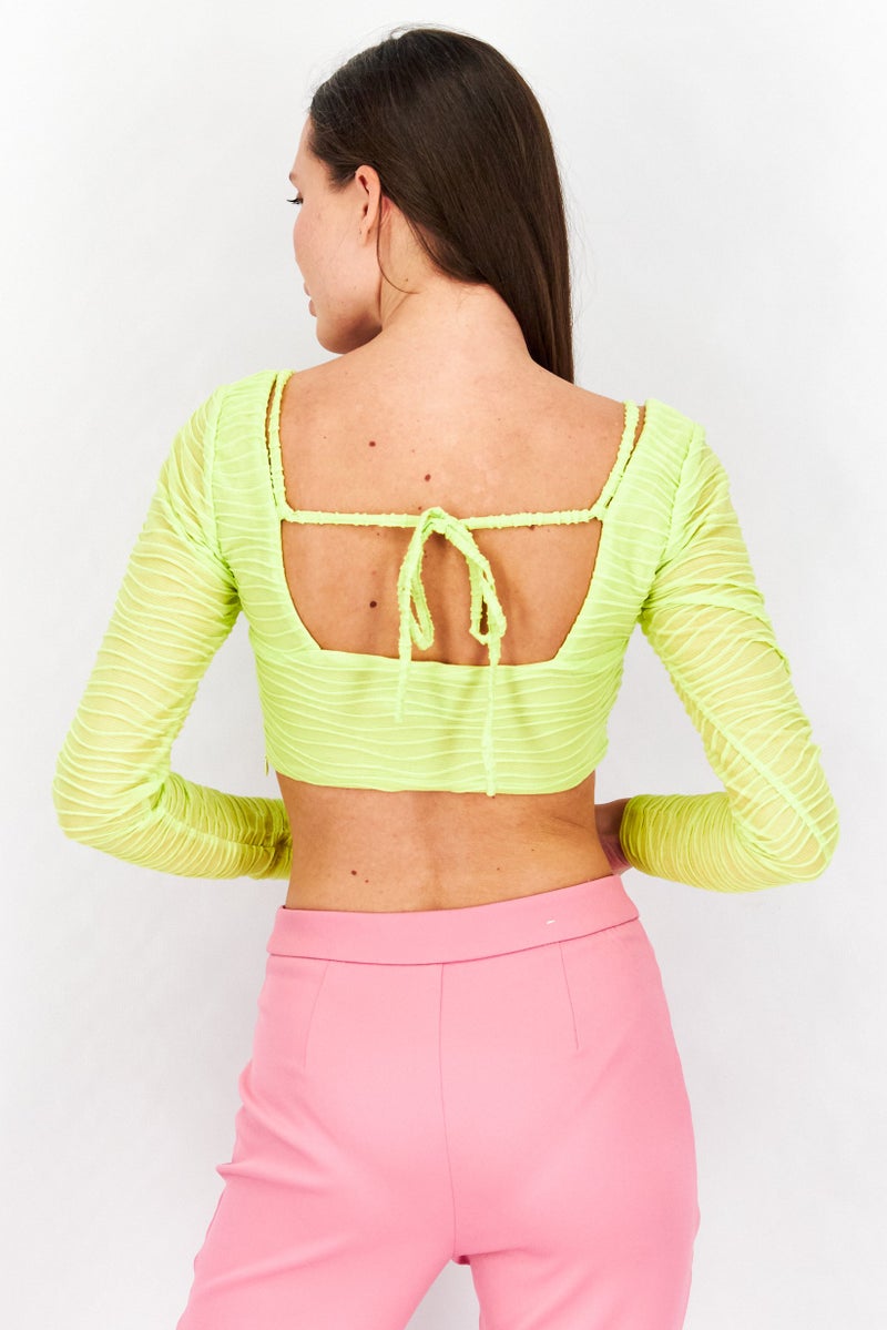 NA-KD Women Sweetheart Neckline Long Sleeve Textured Top, Lime - Image 3