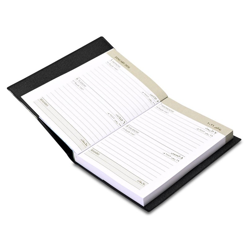 FIS 2026 Pocket Diary, 75x105mm Pocket Size, Soft PVC Jacket Cover, 2 Days a Page Format, Arabic/English, 60gsm White Paper, Black Cover - FSDI09AE26BK - Image 3