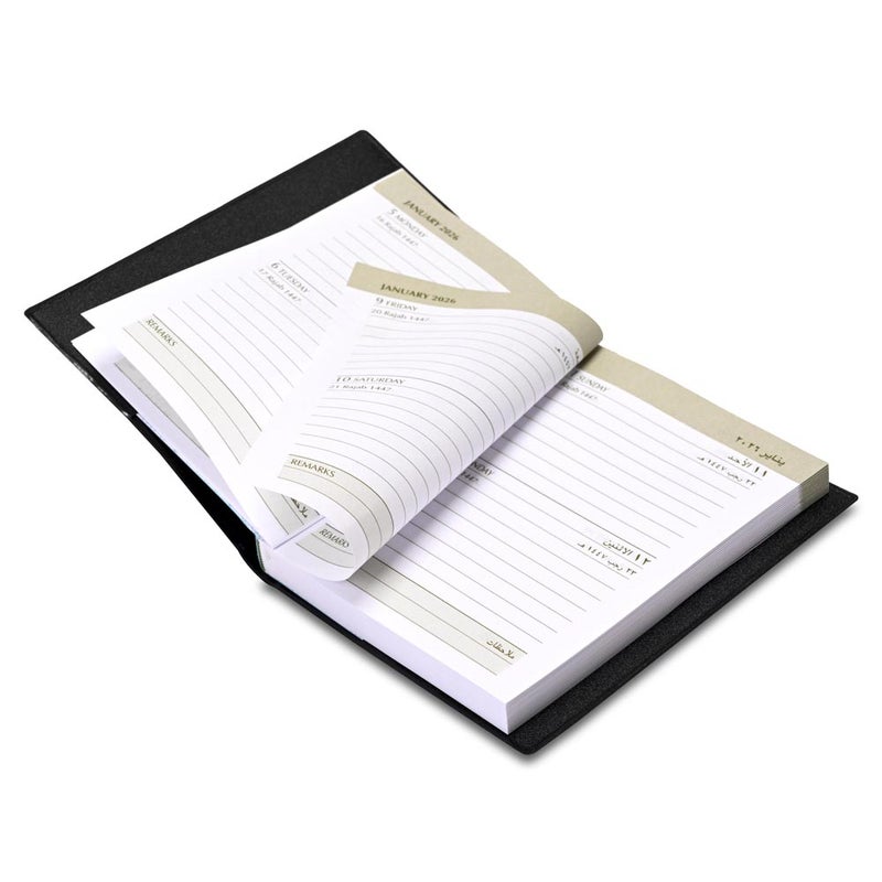 FIS 2026 Pocket Diary, 75x105mm Pocket Size, Soft PVC Jacket Cover, 2 Days a Page Format, Arabic/English, 60gsm White Paper, Black Cover - FSDI09AE26BK - Image 4