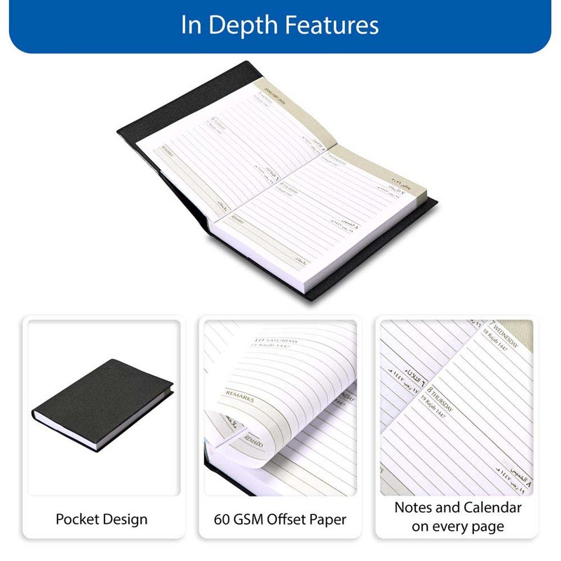 FIS 2026 Pocket Diary, 75x105mm Pocket Size, Soft PVC Jacket Cover, 2 Days a Page Format, Arabic/English, 60gsm White Paper, Black Cover - FSDI09AE26BK - Image 5