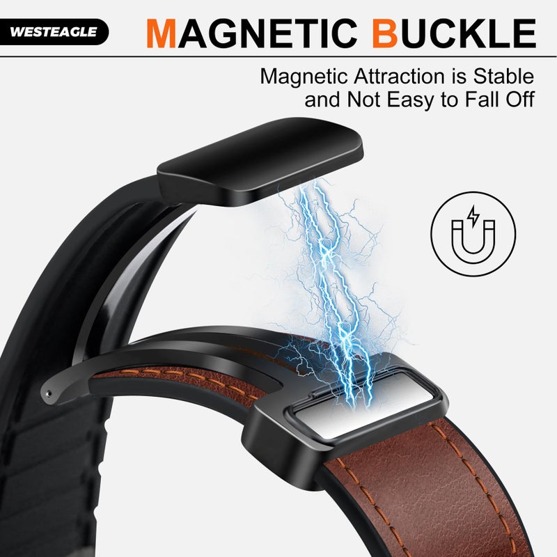 WestEagle Leather Watch 8 Band Compatible with Samsung Galaxy Watch 8 40mm 44mm/ 8 Classic 46mm, Magnetic Buckle Silicone Bottom Design Adjustable Wristbands Accessories for Men and Women, Dark Brown - Image 3